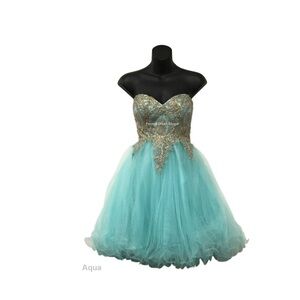 Dancing Queen Strapless Dress in Aqua and Gold